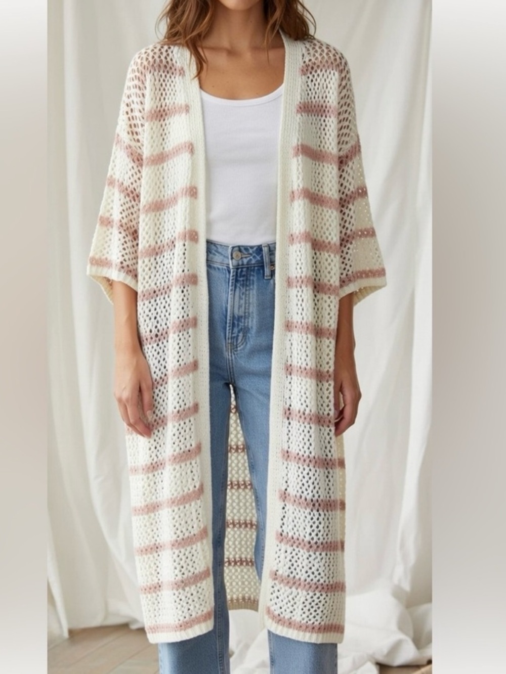 POL Open Knit Long Cardigan Duster - Ivory with Blush Stripes Size Small